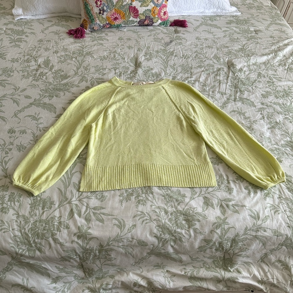 Anthropologie Emily Puff Sleeve Light Green Sweater with Bow Back Detail